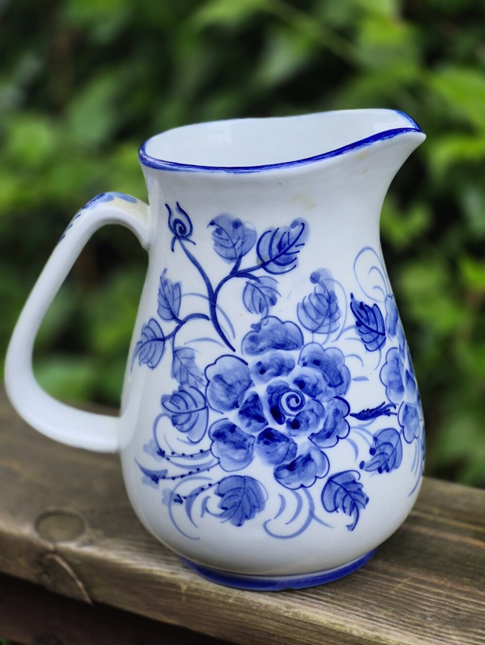 Vintage Blue Floral Ceramic Pitcher - White and Blue Home Art